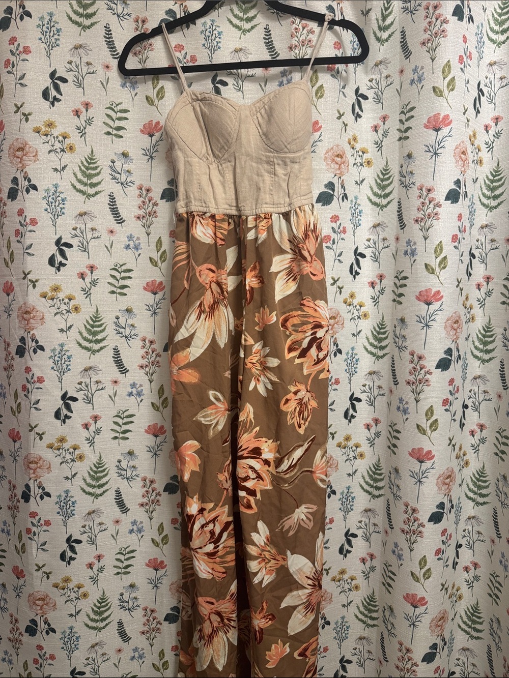Beige Bustier Floral Wide-Leg Jumpsuit
